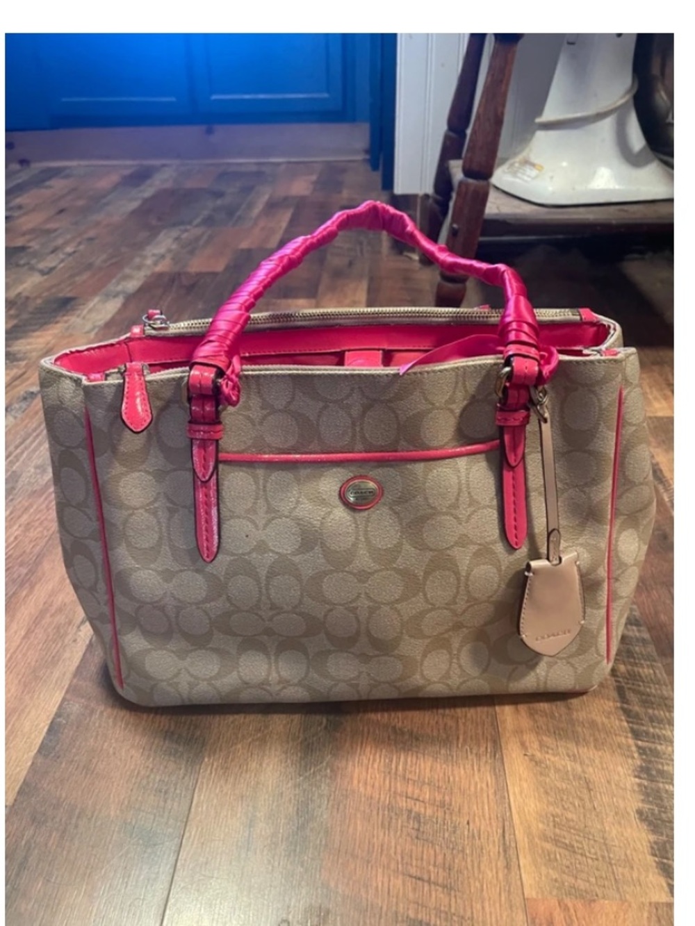 Coach Peyton Signature Double Zip Carryall with Bright Pink Trim